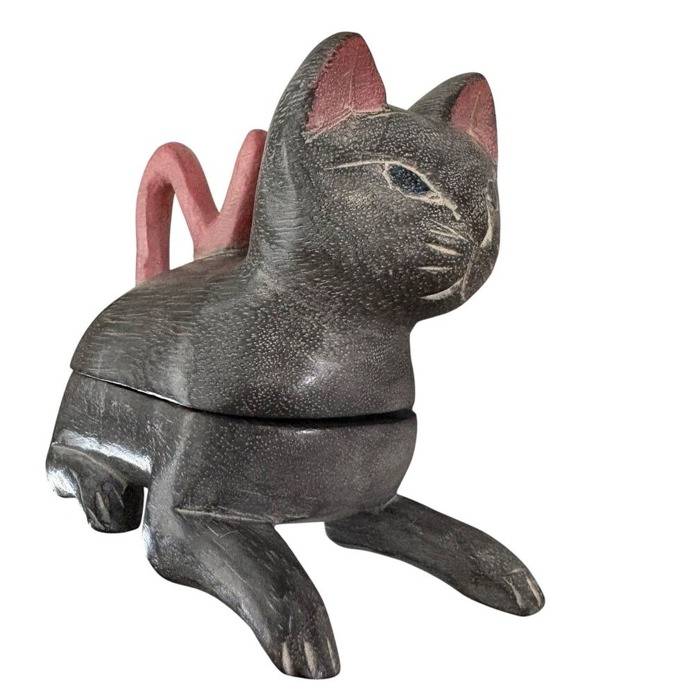 RARE VTG Wooden CAT Trinket Box Intricate MCM Gray & Pink 4.5”H x 7”L x 2.5”W